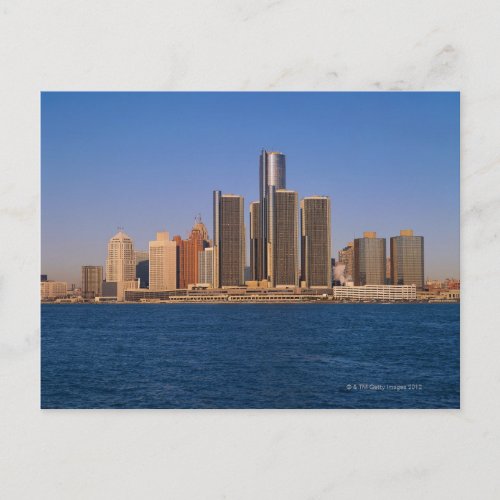 Detroit buildings on the water postcard