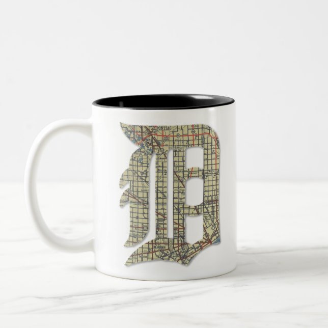 Detroit City Map Old English D Two-Tone Coffee Mug (Left)
