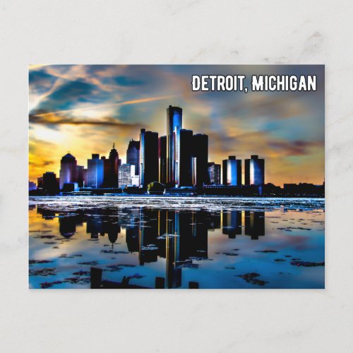 Detroit downtown michigan postcard at night