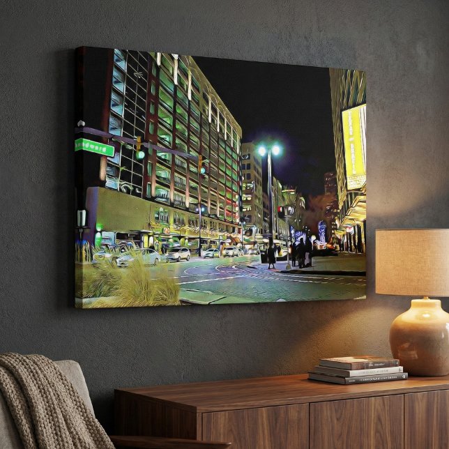 Detroit Downtown Woodward Avenue Night Cityscape  Canvas Print (A Night Out in Detroit.)