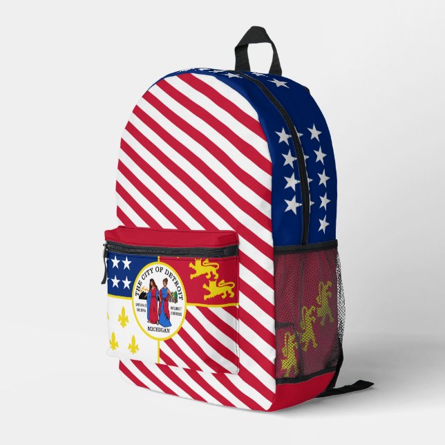 Detroit flag-themed design, city pride printed backpack (Back Corner Right)