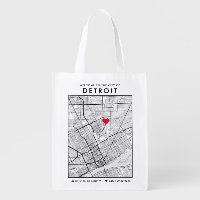 Detroit Love Locator | City Map Wedding Welcome Grocery Bag (Front)