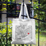 Detroit Love Locator | City Map Wedding Welcome Tote Bag<br><div class="desc">A fun tote bag for a wedding or any other occasion taking place in the beautiful city of Detroit, Michigan. This tote features an overhead map of the city center inside a black-bordered box framer. On the top sits a short welcome greeting and the name of the city. On the...</div>