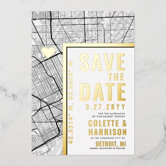 Detroit Love Locator | Wedding Save the Date Foil Invitation (Front)