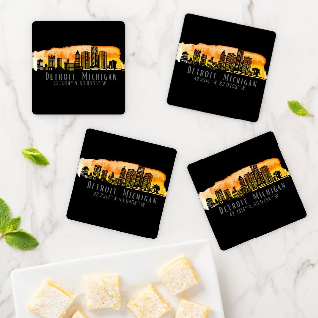 Detroit MI Skyline Latitude and Longitude  Coaster Set (In Situ)