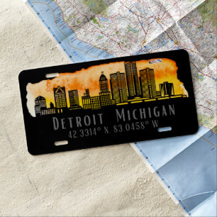 Detroit MI Skyline Latitude and Longitude License Plate