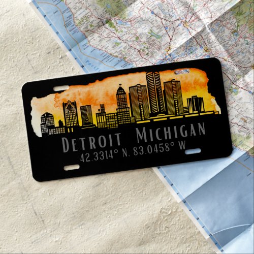 Detroit MI Skyline Latitude and Longitude  License Plate