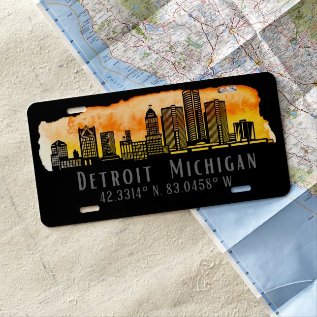 Detroit MI Skyline Latitude and Longitude  License Plate (In Situ)