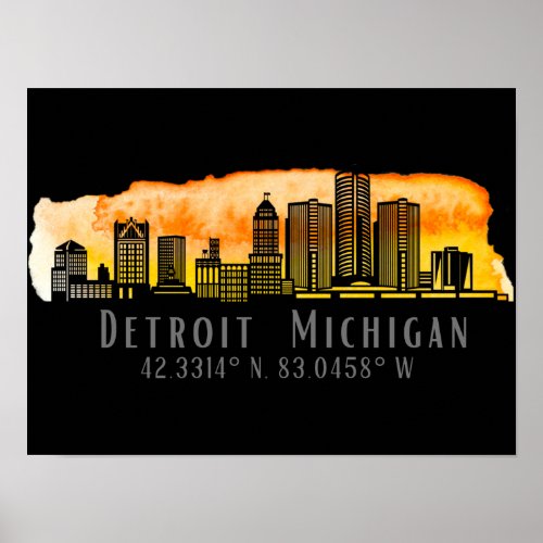 Detroit MI Skyline Latitude and Longitude Print