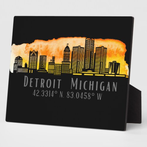 Detroit MI Skyline Latitude and Longitude Tabletop Plaque