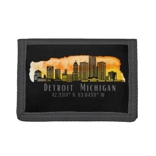 Detroit MI Skyline Latitude and Longitude Trifold Wallet