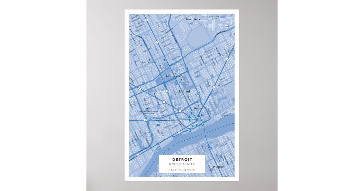 Detroit Mi Usa Street Map With Coordinates Poster Zazzle Com