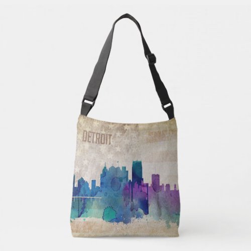 Detroit MI  Watercolor City Skyline Crossbody Bag