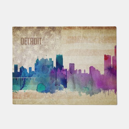 Detroit MI  Watercolor City Skyline Doormat