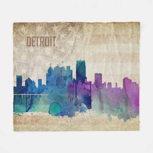 Detroit MI  Watercolor City Skyline Fleece Blanket