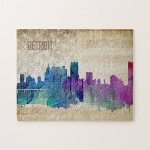 Detroit, MI   Watercolor City Skyline Jigsaw Puzzle