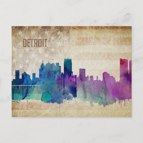 Detroit MI  Watercolor City Skyline Postcard