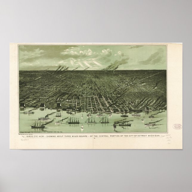 Detroit Michigan 1889 Antique Panoramic Map Poster (Front)