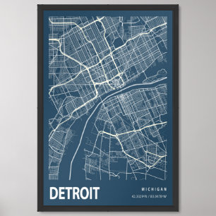 Detroit Michigan Blueprint City Map Vintage Framed Art