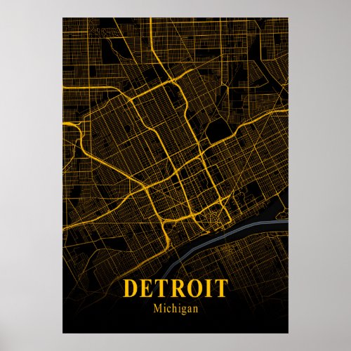 Detroit Michigan City Map Gold American Cities Map Poster