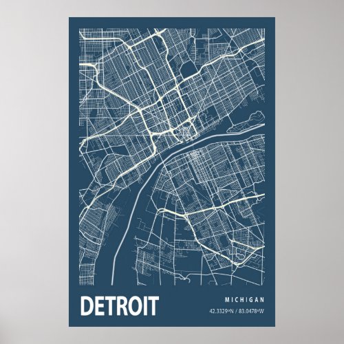 Detroit Michigan City Map Line Art Blue Print