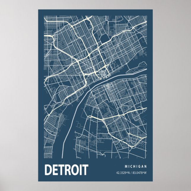 Detroit Michigan City Map Line Art Blue Print (Front)