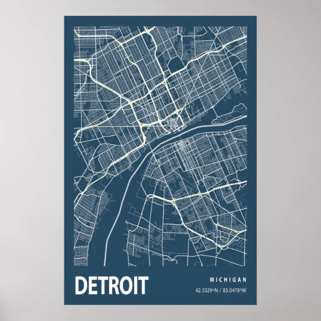 Detroit Map Blue Detroit Michigan City Map Line Art Blue Print | Zazzle