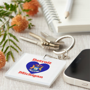 Detroit Michigan Heart Flag Keychain