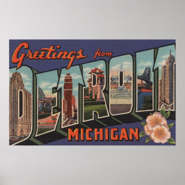 Detroit, Michigan - Large Letter Scenes Poster (Front)