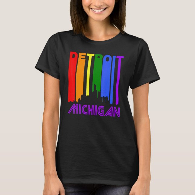 Detroit Michigan Lgbtq Gay Pride Rainbow Skyline T-Shirt (Front)