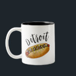 Detroit Michigan MI Coney Island Hot Dog Hotdog Two-Tone Coffee Mug<br><div class="desc">Design features an original marker illustration of a Coney Island hot dog, a popular food in Detroit, Michigan and the midwestern United States featuring a hotdog topped with meat chili sauce, chopped white onions, and yellow mustard. Design features the word DETROIT scrawled in a fun black font. Ideal for your...</div>