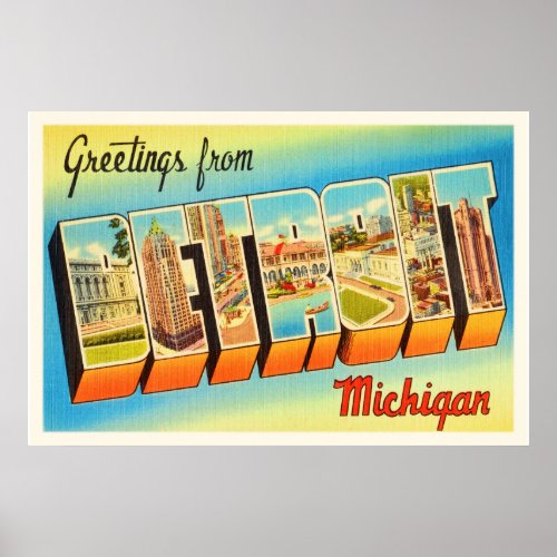 Detroit Michigan MI Old Vintage Travel Souvenir Poster