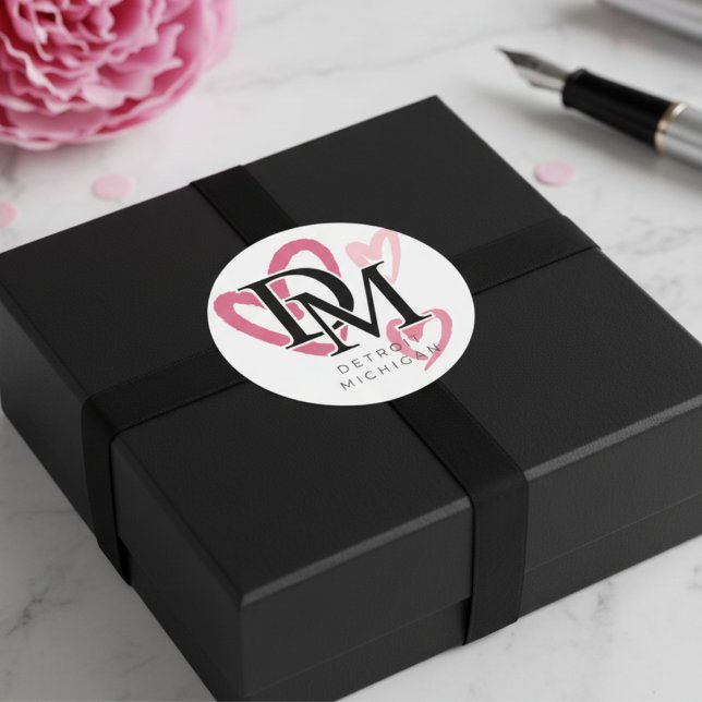 Detroit Michigan Pink Hearts Classic Round Sticker (Detroit Michigan Pink Hearts Classic Round Sticker)