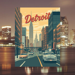 Detroit Michigan Retro Cars Travel Postcard