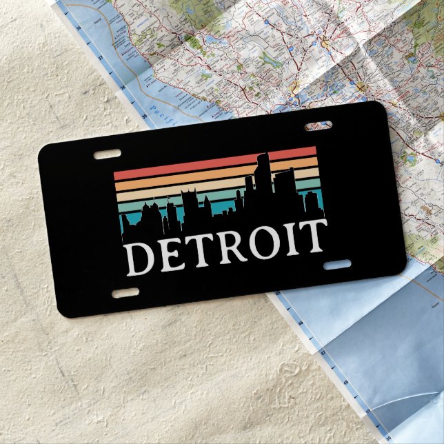 Detroit Michigan Retro Vintage Sunset Skyline License Plate (In Situ)