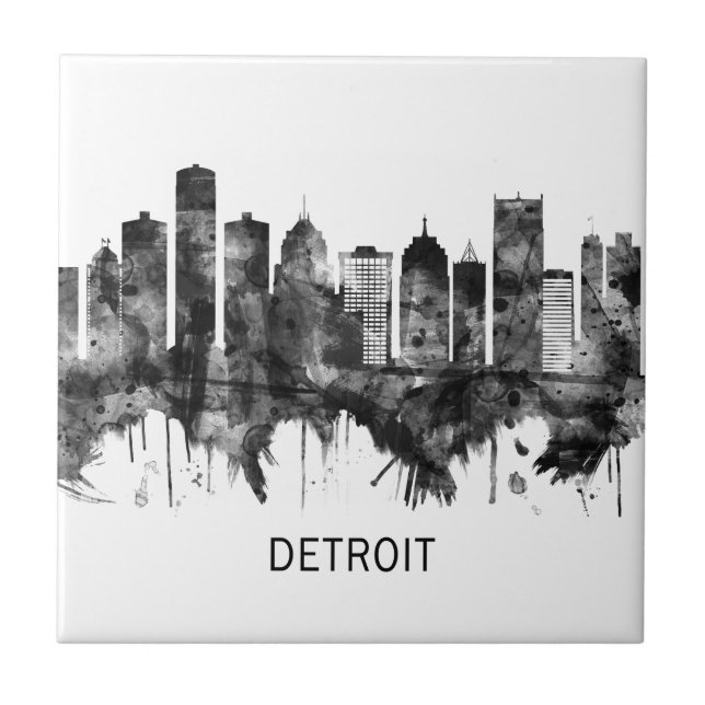 Detroit Michigan Skyline BW Ceramic Tile (Front)