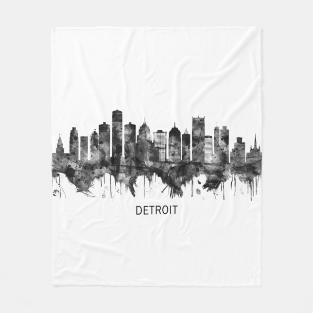 Detroit Michigan Skyline BW Fleece Blanket (Front)