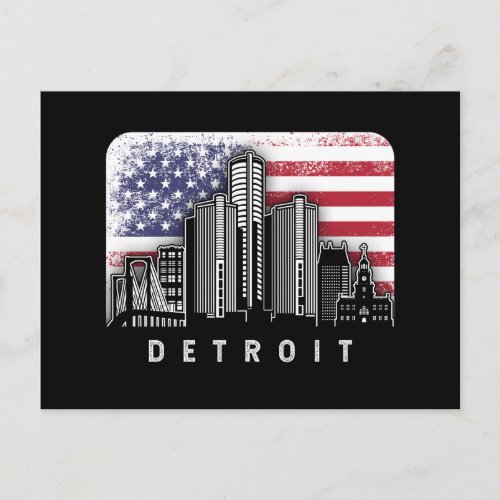 Detroit Michigan Skyline Vintage American Flag Postcard