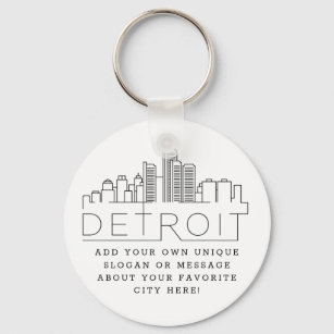 Detroit, Michigan Stylized Skyline   Custom Slogan Keychain