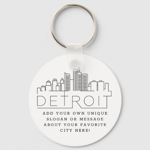 Detroit Michigan Stylized Skyline  Custom Slogan Keychain