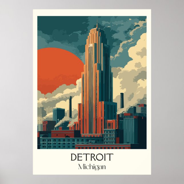 Detroit Michigan Vintage Iconic City Skyline Art Poster (Front)