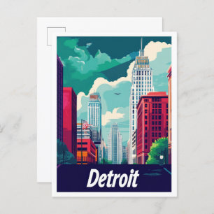 Detroit Michigan Vintage Travel Illustration Postcard