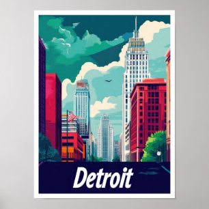 Detroit Michigan Vintage Travel Illustration Poster