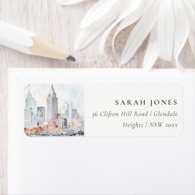 Detroit Michigan Watercolor Landscape Address Label (Insitu)