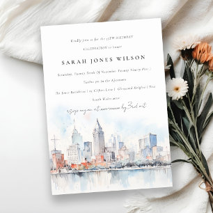 Detroit Michigan Watercolor Landscape Birthday Invitation