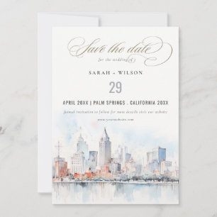 Detroit Michigan Watercolor Landscape Wedding Save The Date