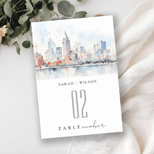 Detroit Michigan Watercolor Landscape Wedding Table Number