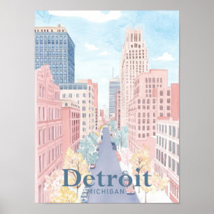 Detroit Michigan Watercolor Painting Travel Poster