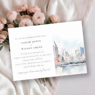 Detroit Michigan Watercolor Scape Rehearsal Dinner Invitation