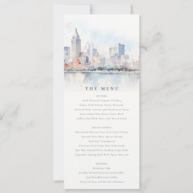 Detroit Michigan Watercolor Scape Wedding Menu Invitation (Front)